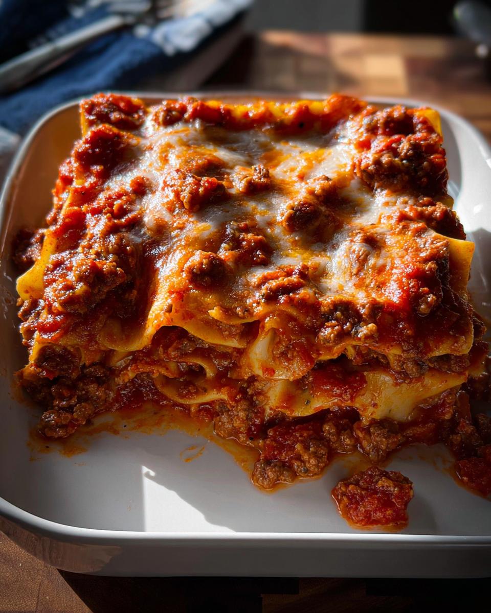 A rich, cheesy slice of meat lasagna, one of the Family-Favorite Casseroles, served in a white dish.