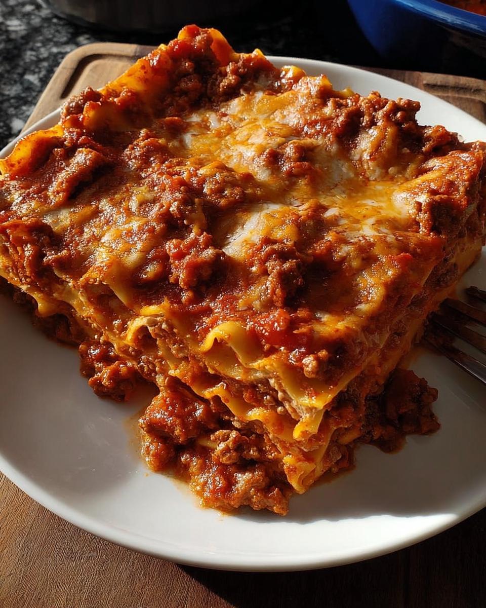 Close-up of a rich, cheesy slice of lasagna, a perfect example of Family-Favorite Casseroles.