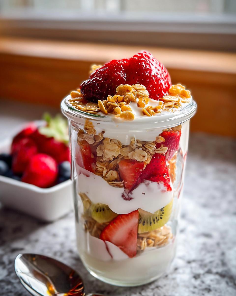 Close-up of a layered glass jar containing yogurt, granola, strawberries, and kiwi, perfect for Breakfast Parfaits (Meal Prep).