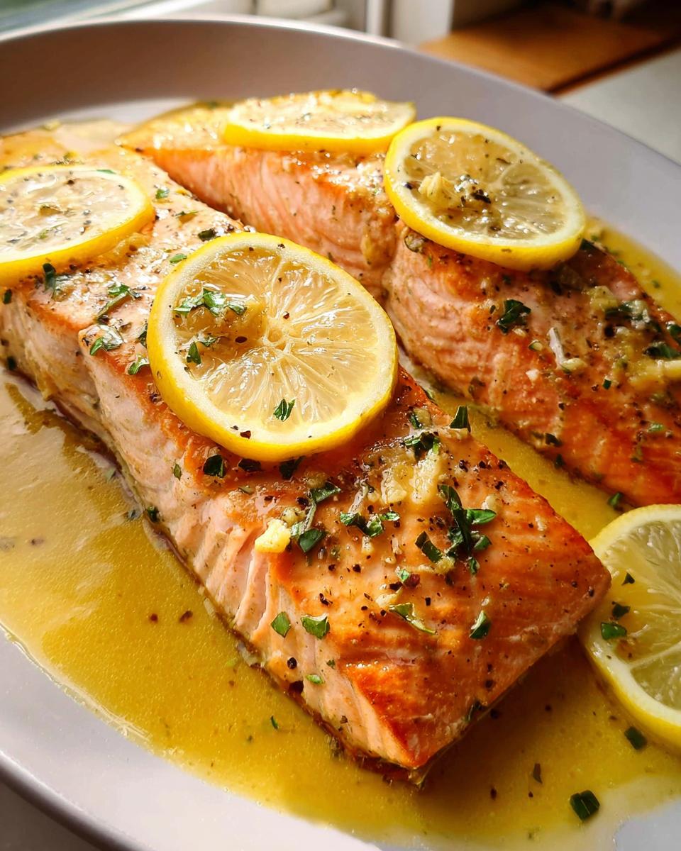 Close-up of two pan-seared Lemon Butter Salmon fillets topped with lemon slices and fresh parsley.