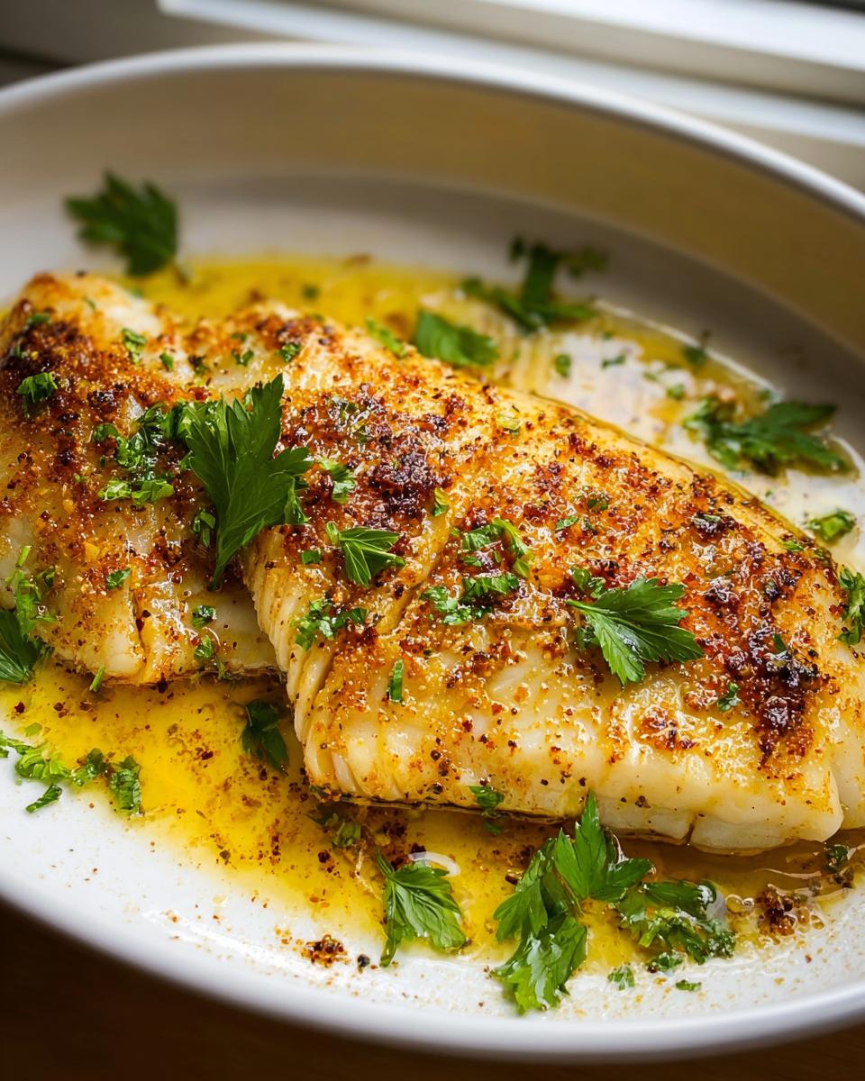Close-up of a flaky Lemon Garlic Tilapia fillet swimming in butter sauce and topped with fresh parsley.