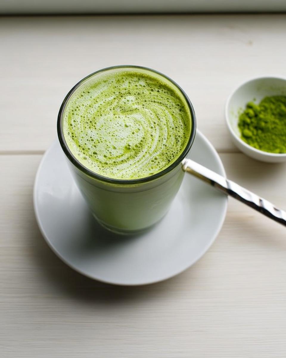 A vibrant green Matcha Green Tea Latte with a swirled foam top, next to a small bowl of matcha powder.
