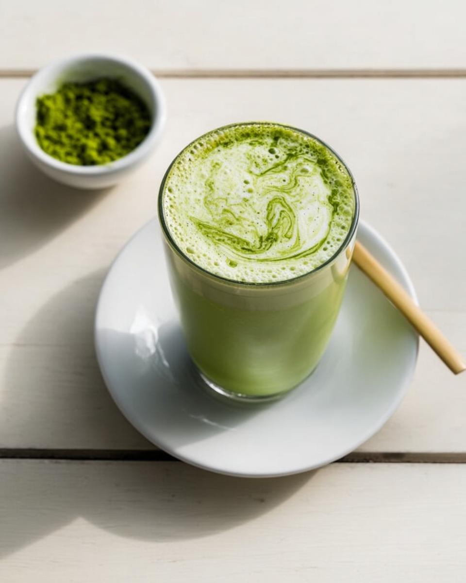 A vibrant green Matcha Green Tea Latte in a glass with frothy swirls, next to a small bowl of bright green matcha powder.