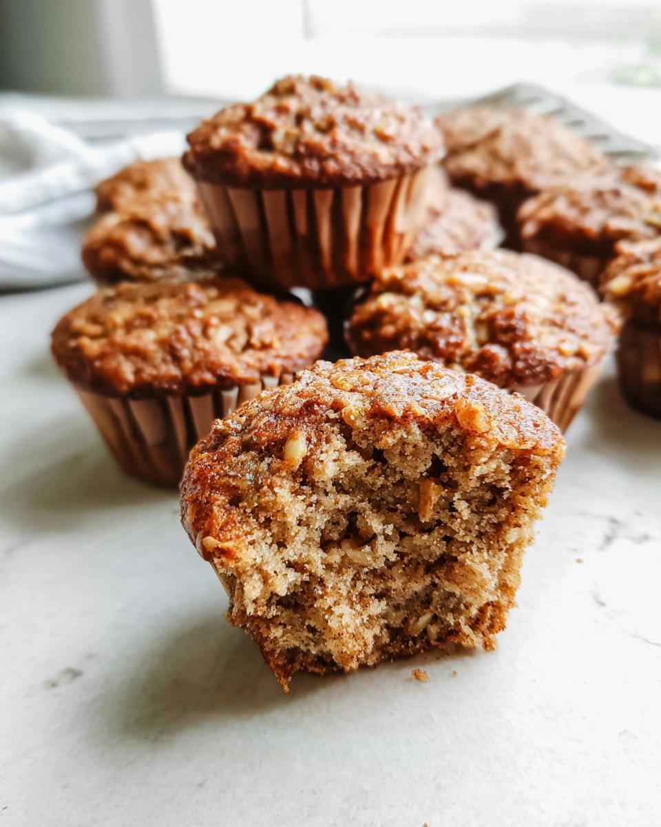 Close-up of a bitten Meal-Prep Banana Bread Muffin showing moist texture, surrounded by other muffins.