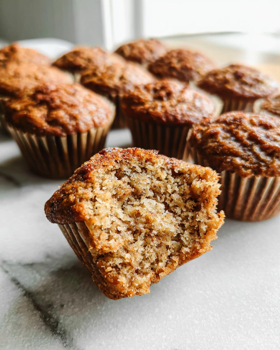 Close-up of a Meal-Prep Banana Bread Muffin broken in half showing its moist, textured interior.
