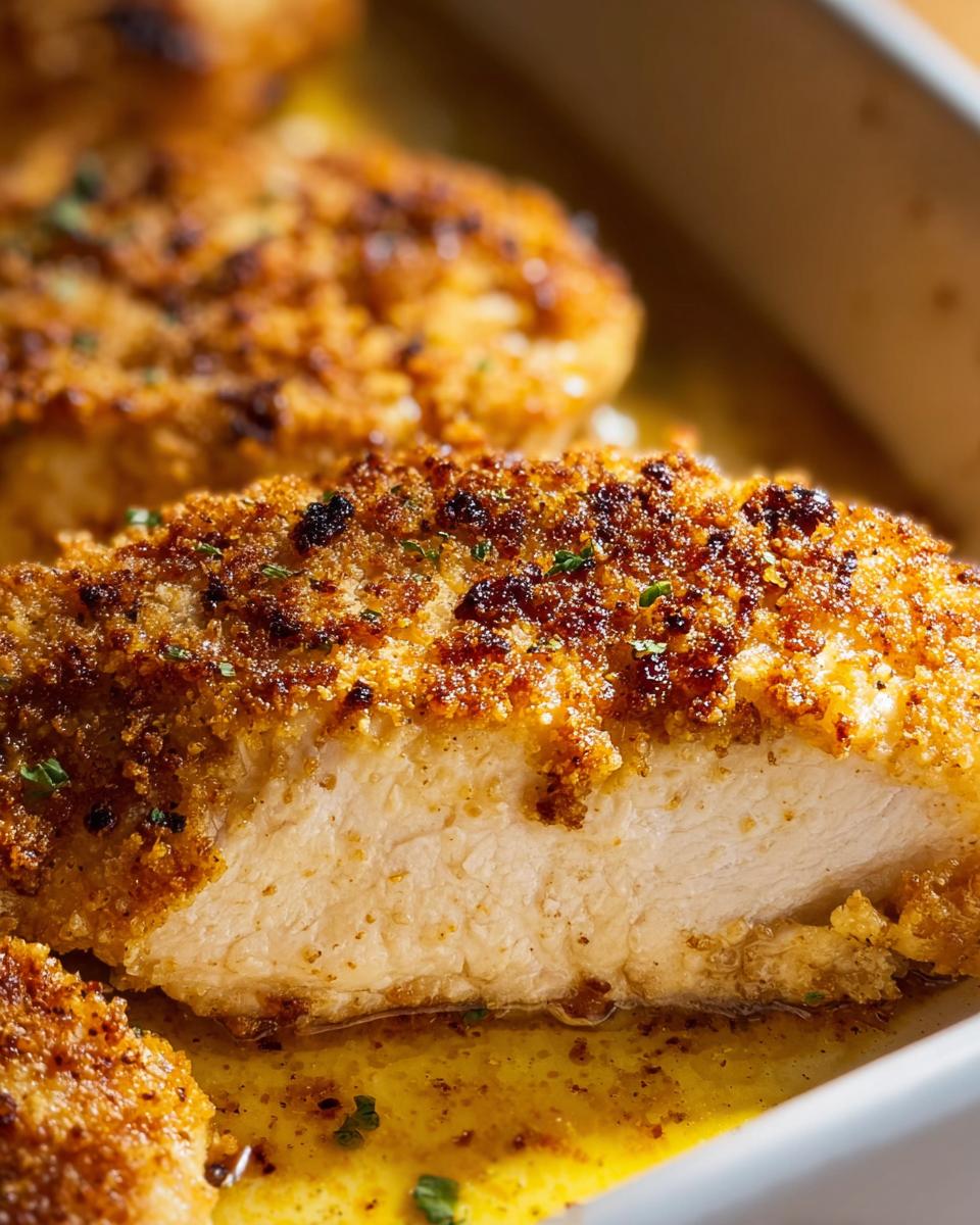 Close-up of a perfectly cooked Melt In Your Mouth Chicken breast, showing juicy white meat and a crispy, golden-brown crust.