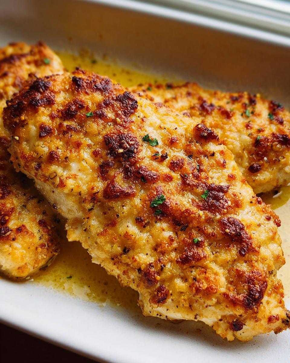 Close-up of golden, crusted Melt In Your Mouth Chicken breasts resting in buttery sauce.