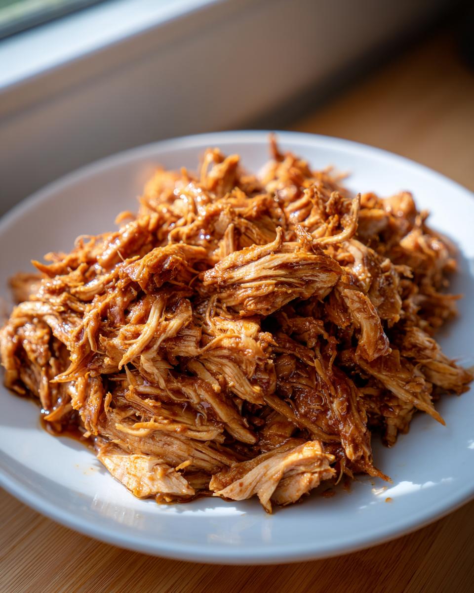 Close-up of shredded, saucy Melt In Your Mouth Chicken piled high on a white plate.