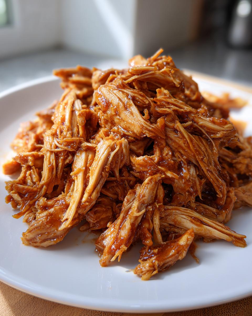 Close-up of shredded, saucy Melt In Your Mouth Chicken piled high on a white plate.