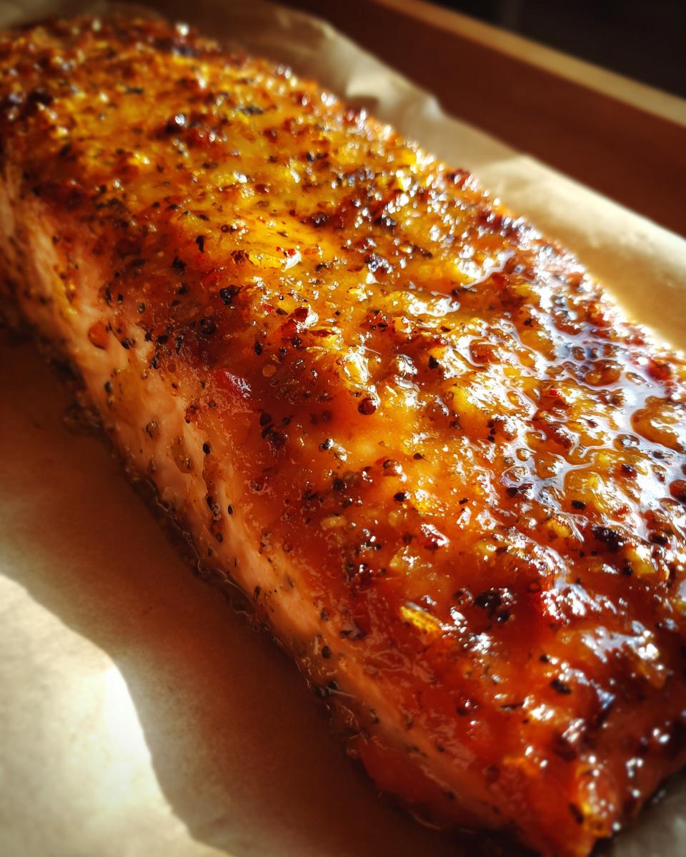 Close-up of a glistening salmon fillet coated in a thick, amber honey mustard glaze with visible spices.