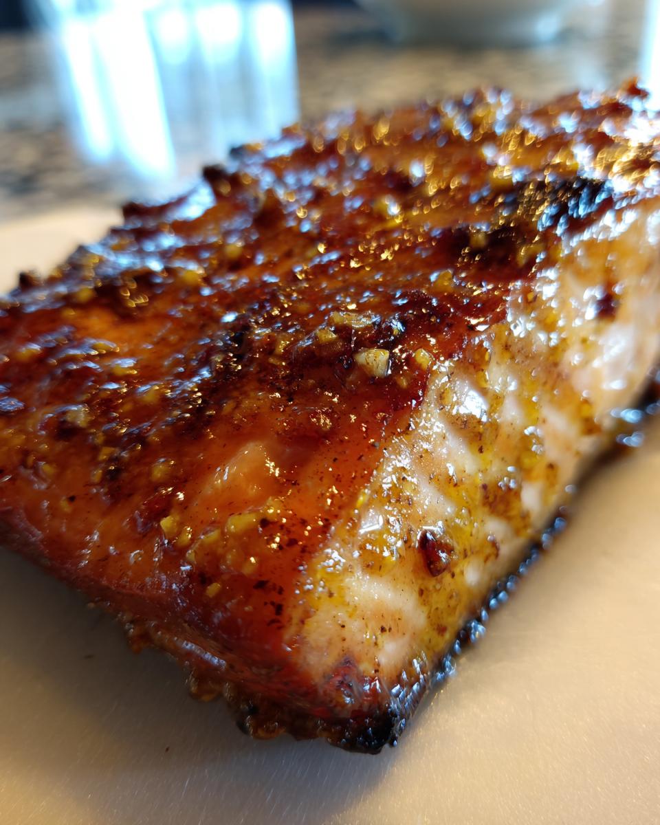 Close-up of a perfectly cooked salmon fillet with a shiny, caramelized One-Pan Honey Mustard Salmon glaze.