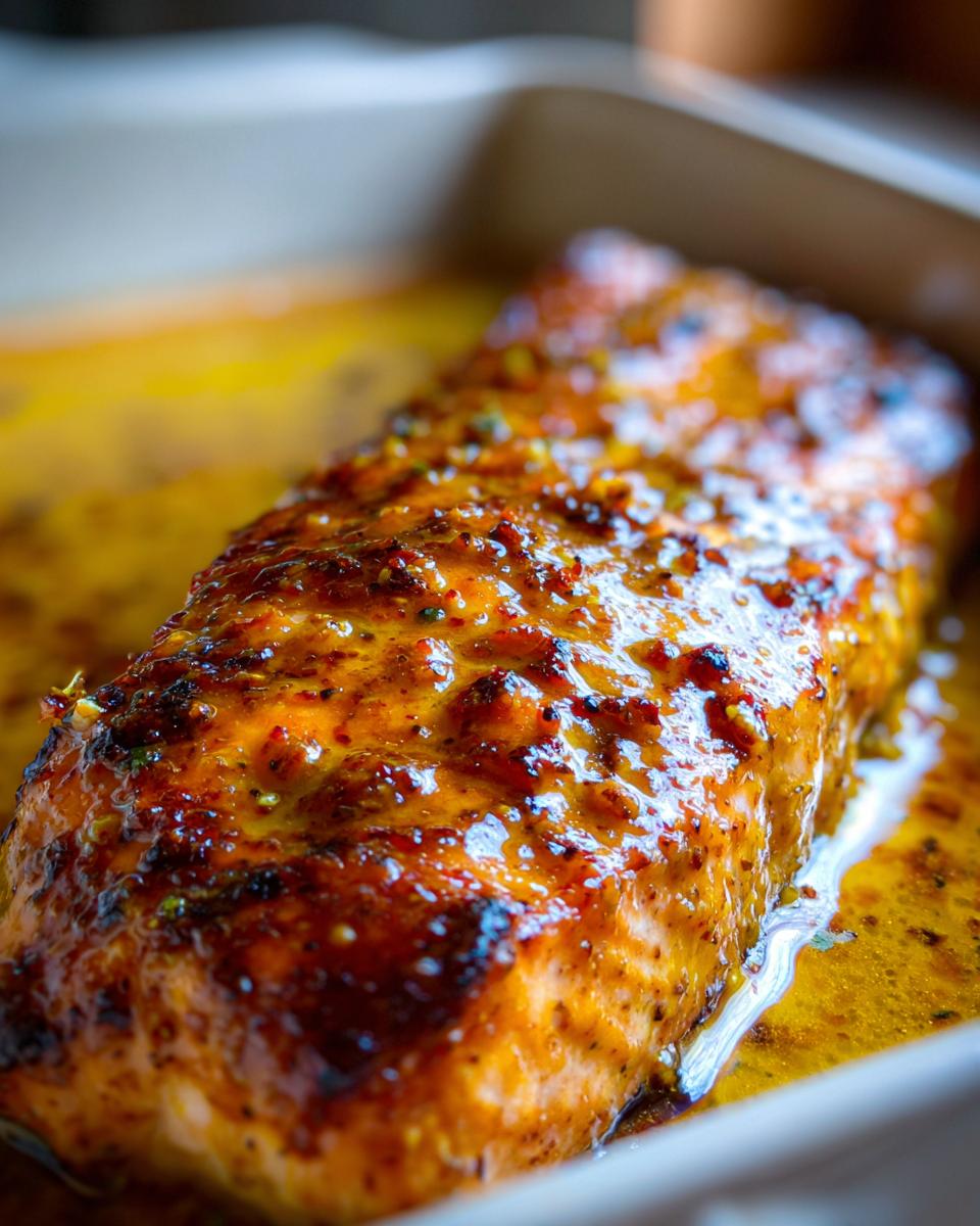 Close-up of a perfectly baked One-Pan Honey Mustard Salmon fillet covered in a thick, glossy, caramelized glaze.