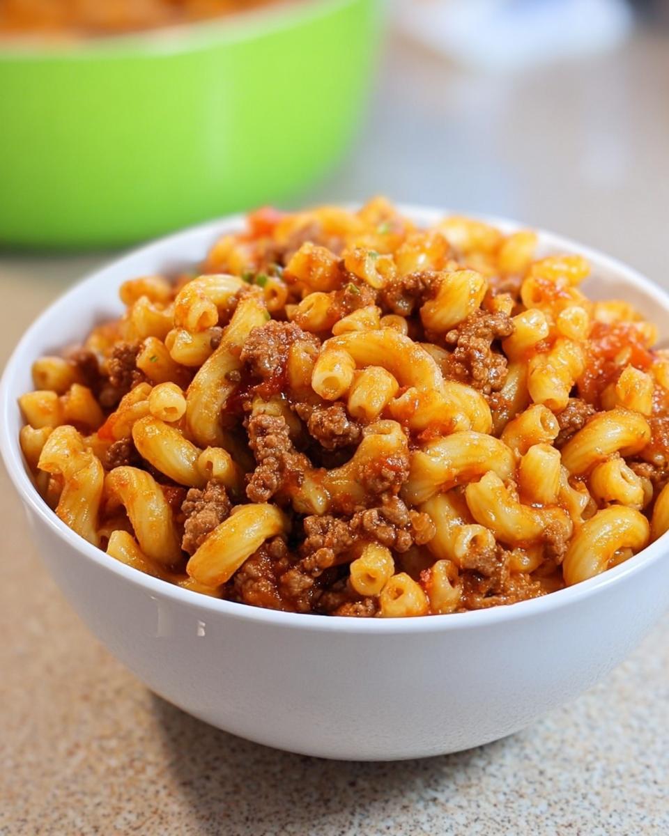 Close-up of a white bowl filled with saucy One-Pot Beef and Macaroni, featuring elbow macaroni and ground beef.
