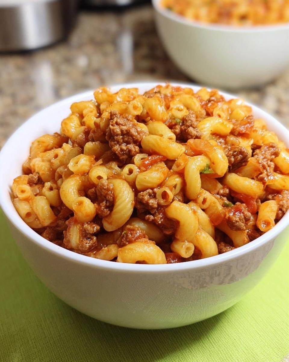 Close-up of a white bowl filled with saucy One-Pot Beef and Macaroni, featuring elbow macaroni and ground beef.