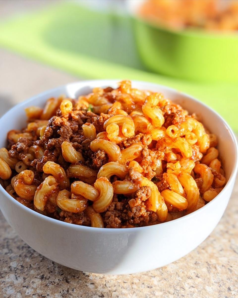 Close-up of a white bowl filled with rich, saucy One-Pot Beef and Macaroni.
