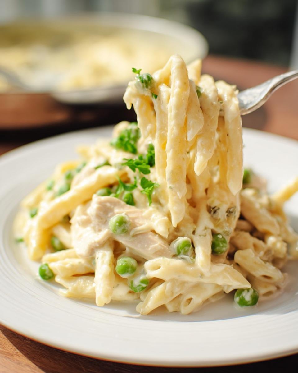 A fork lifting creamy penne pasta, chicken, and bright green peas from a plate of One-Pot Chicken Alfredo.