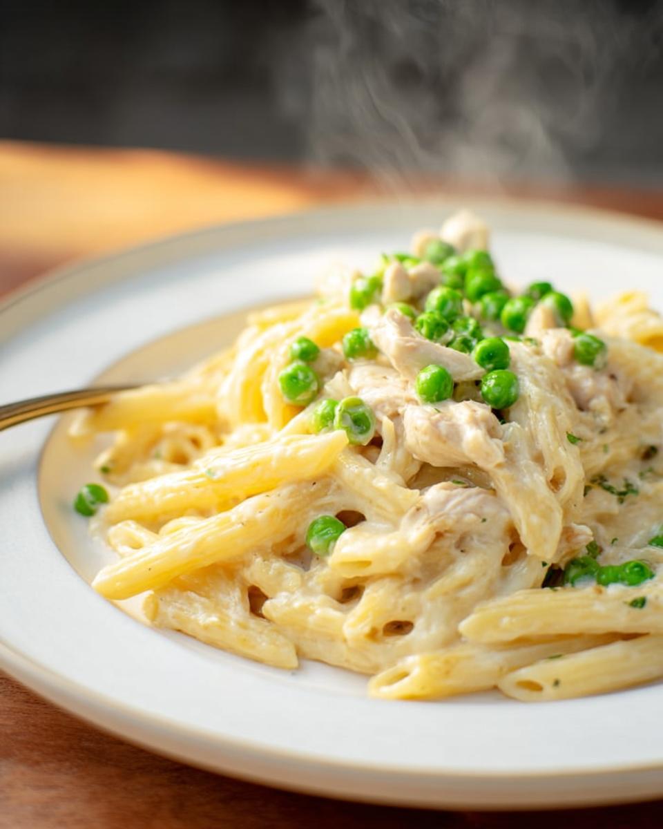 Close-up of a steaming plate of One-Pot Chicken Alfredo pasta mixed with chunks of chicken and bright green peas.
