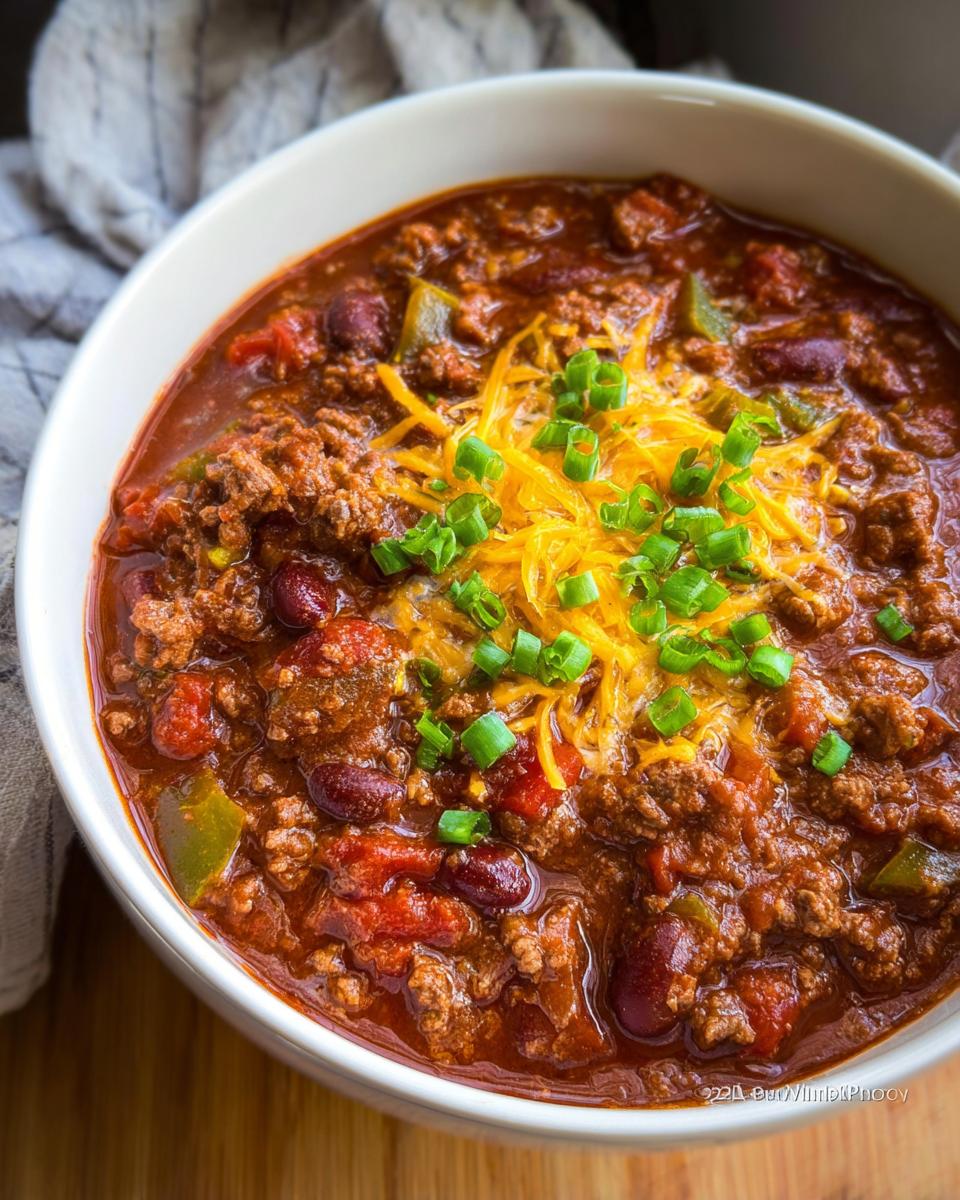 Close-up of a rich, hearty bowl of One-Pot Chili topped with shredded cheddar cheese and sliced green onions.