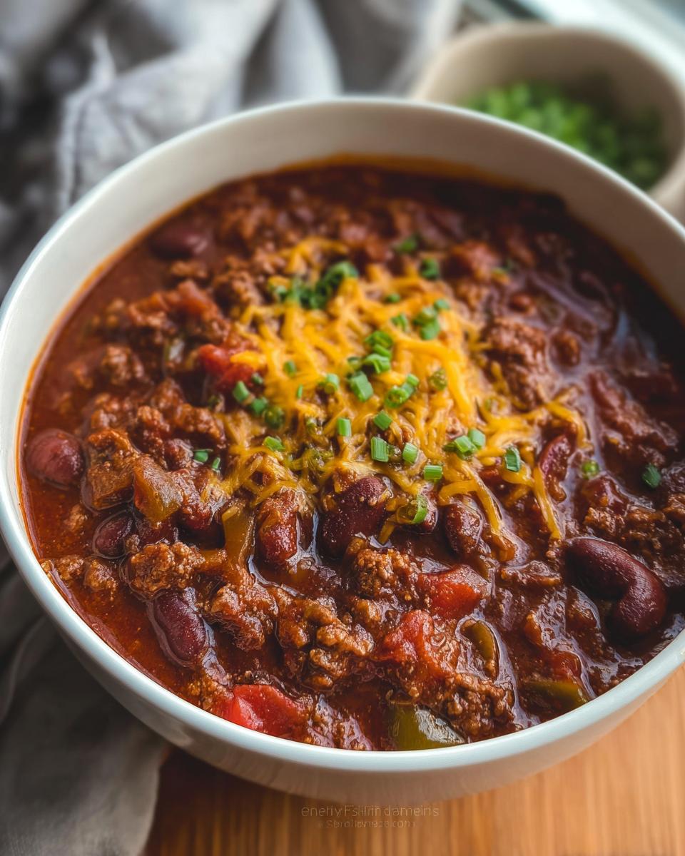 Close-up of a steaming bowl of rich One-Pot Chili (Comfort) topped with melted cheddar cheese and chopped chives.