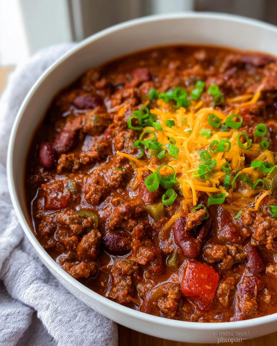 Close-up of a hearty bowl of One-Pot Chili topped with shredded cheddar cheese and sliced green onions.