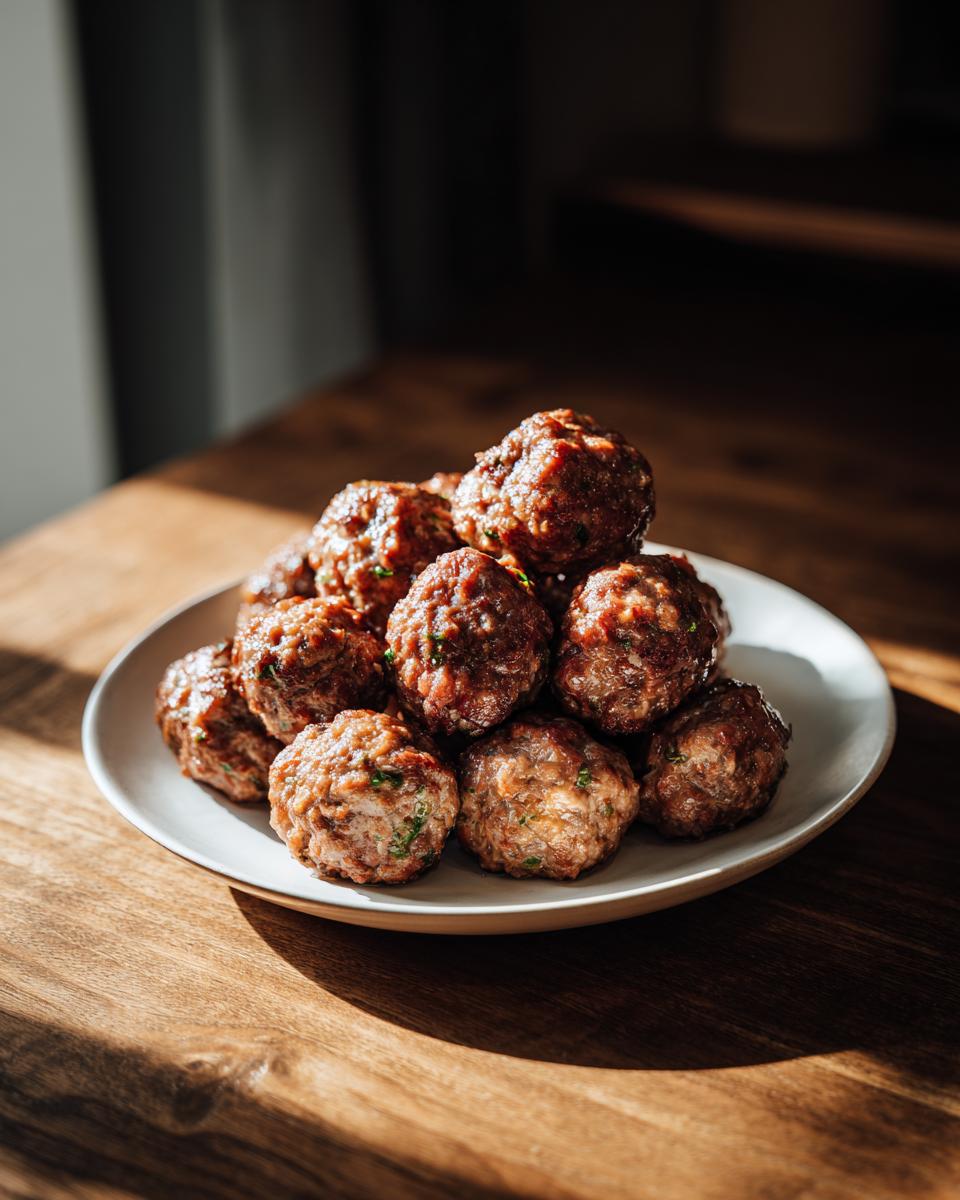 A mound of freshly cooked Oven-Baked Meatballs seasoned with herbs, served on a white plate on a wooden table.