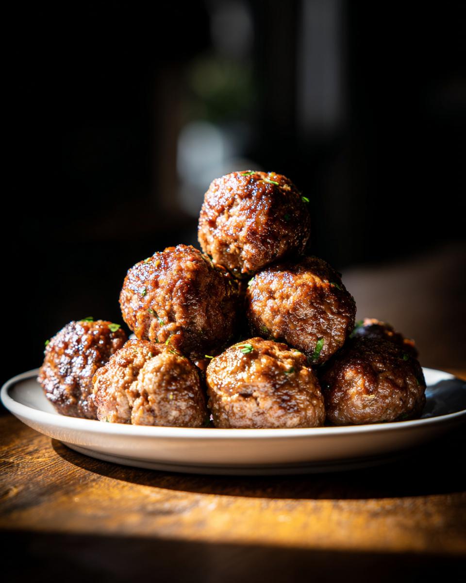 A stack of golden brown Oven-Baked Meatballs garnished with herbs, dramatically lit on a white plate.