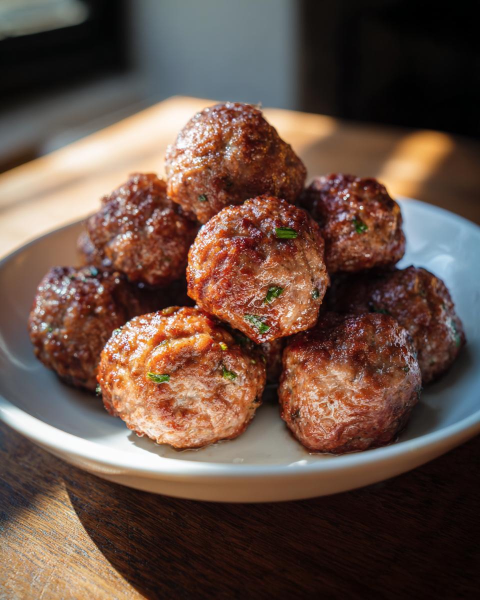 A stack of golden brown, juicy Oven-Baked Meatballs garnished with green herbs on a white plate.