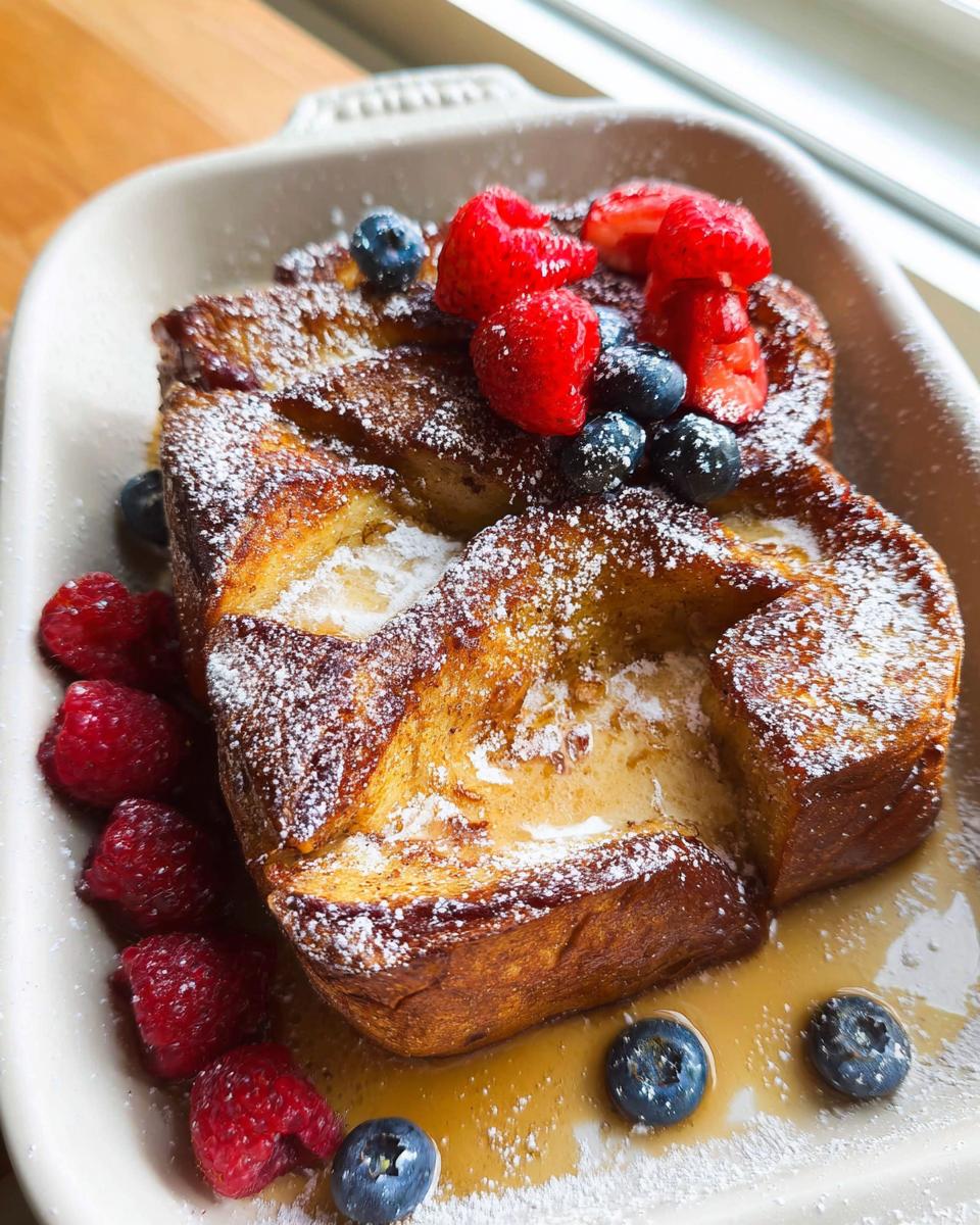 A golden-brown slice of Overnight French Toast Bake dusted with powdered sugar, topped with fresh strawberries and blueberries, served with maple syrup.
