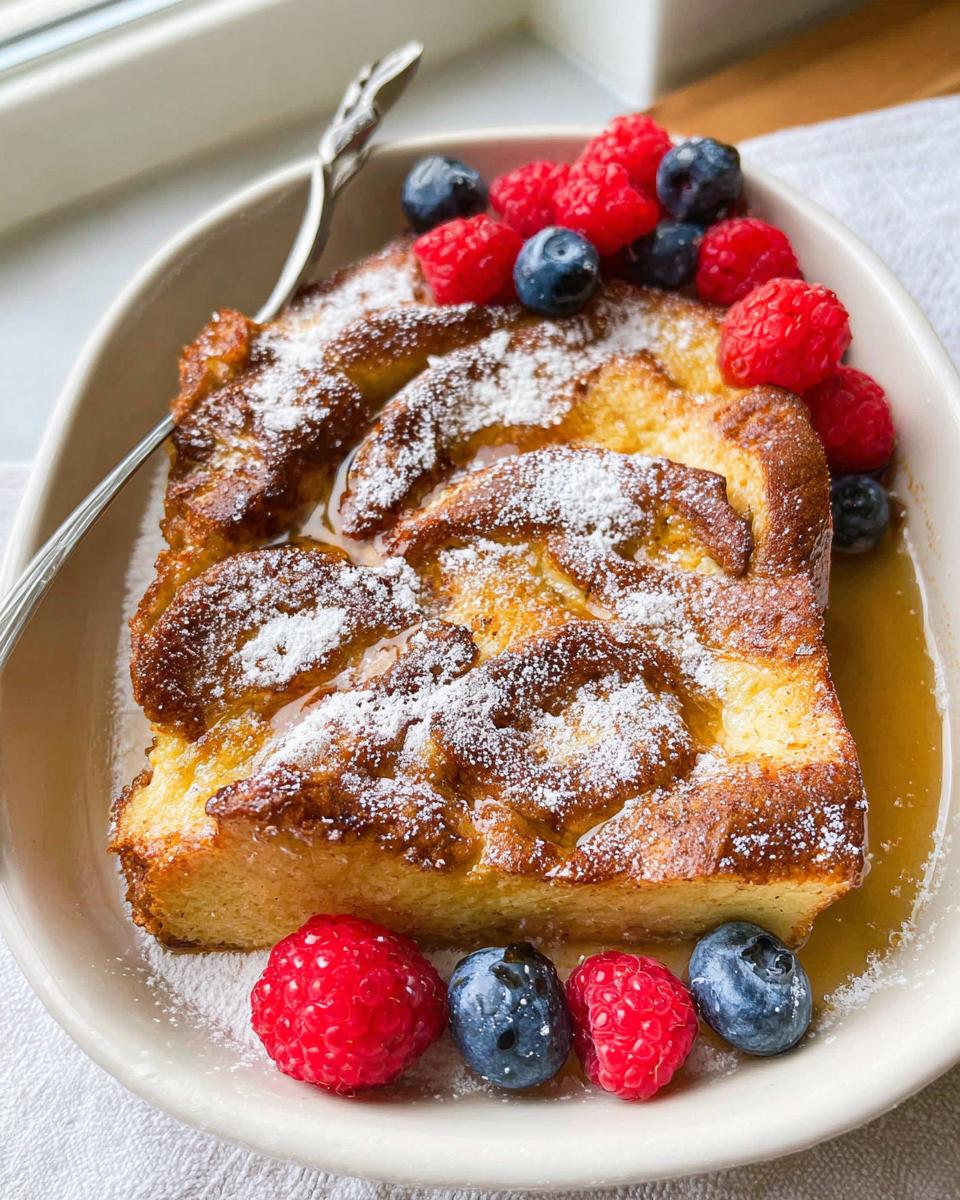 A square serving of Overnight French Toast Bake, dusted with powdered sugar and topped with fresh raspberries and blueberries.