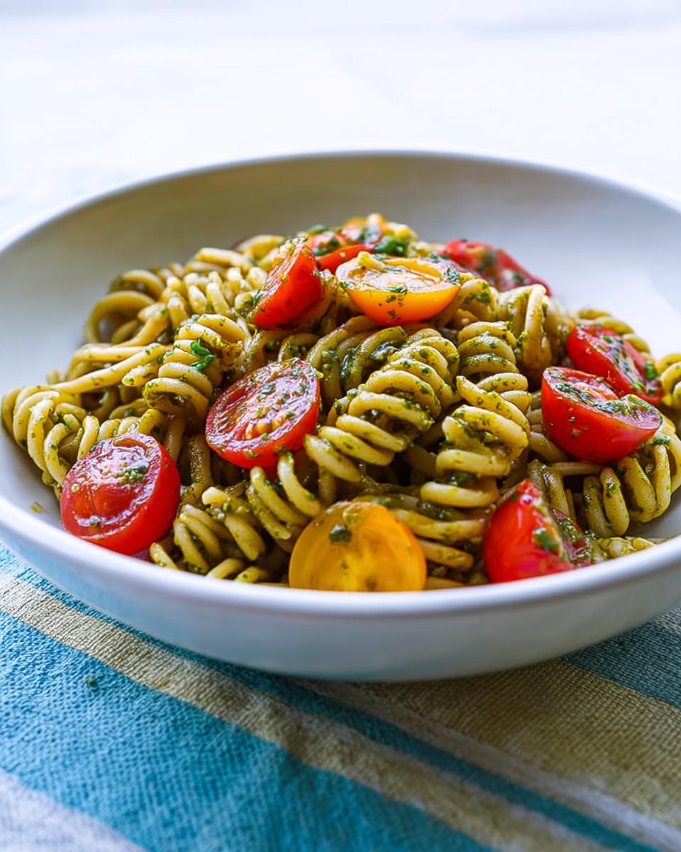Close-up of Pesto Pasta with Cherry Tomatoes, featuring fusilli pasta coated in green pesto.