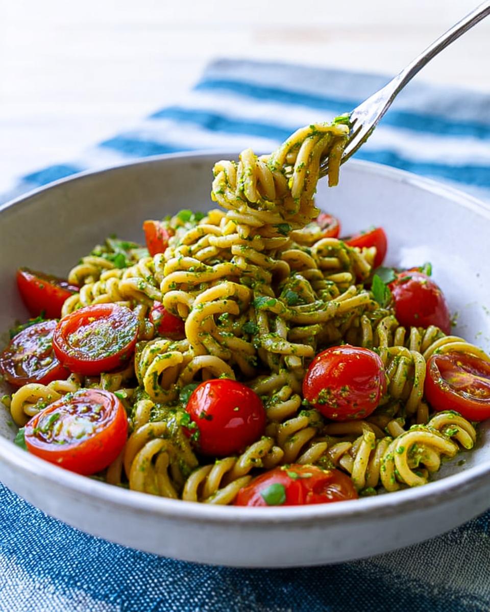 A fork lifting a swirl of pesto pasta with cherry tomatoes from a bowl of Pesto Pasta with Cherry Tomatoes (Fresh).