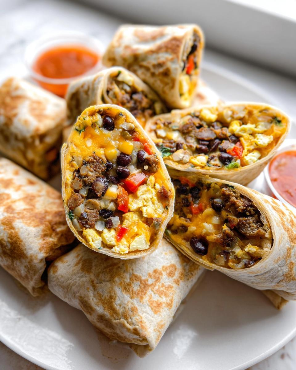Close-up of several Protein-Packed Breakfast Burritos, one cut open showing eggs, sausage, black beans, and cheese.