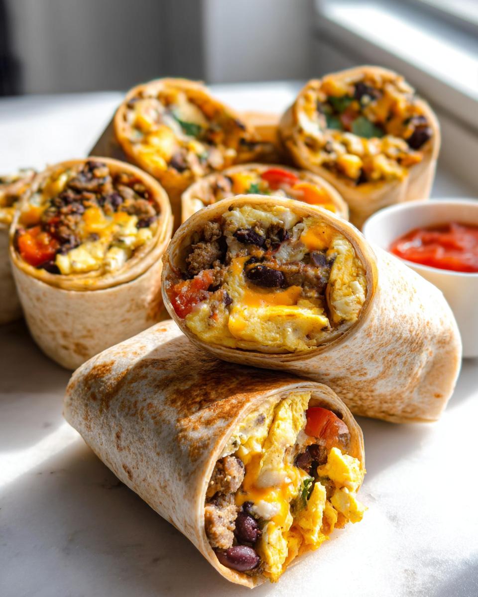 Close-up of several Protein-Packed Breakfast Burritos cut in half, showing scrambled eggs, sausage, black beans, and cheese.