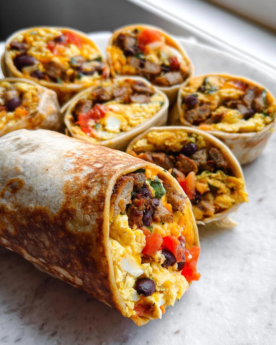 Close-up of several Protein-Packed Breakfast Burritos, one whole and others sliced to show scrambled eggs, sausage, and black beans.