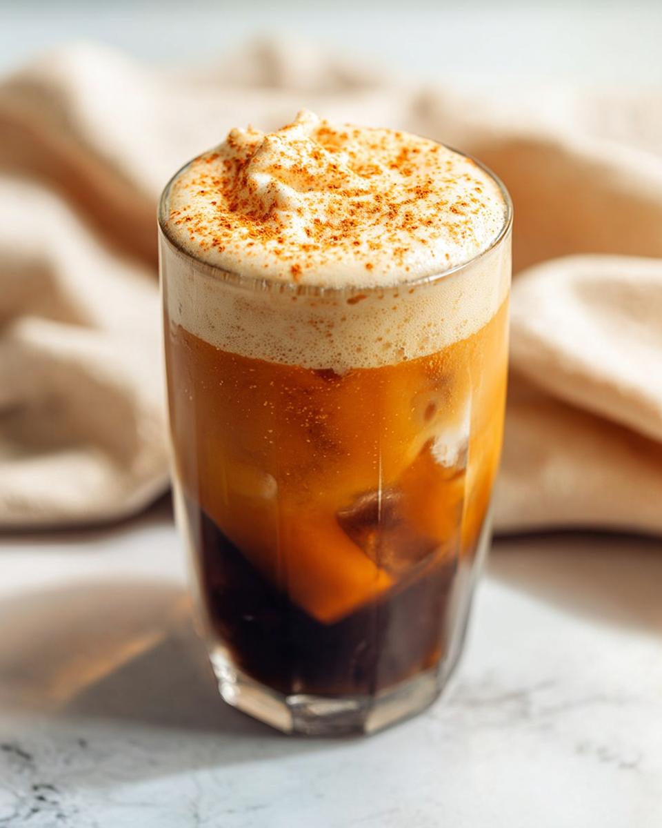 A tall glass of Pumpkin Cream Cold Brew showing layers of dark coffee and orange-hued pumpkin cream, topped with foam and spice.