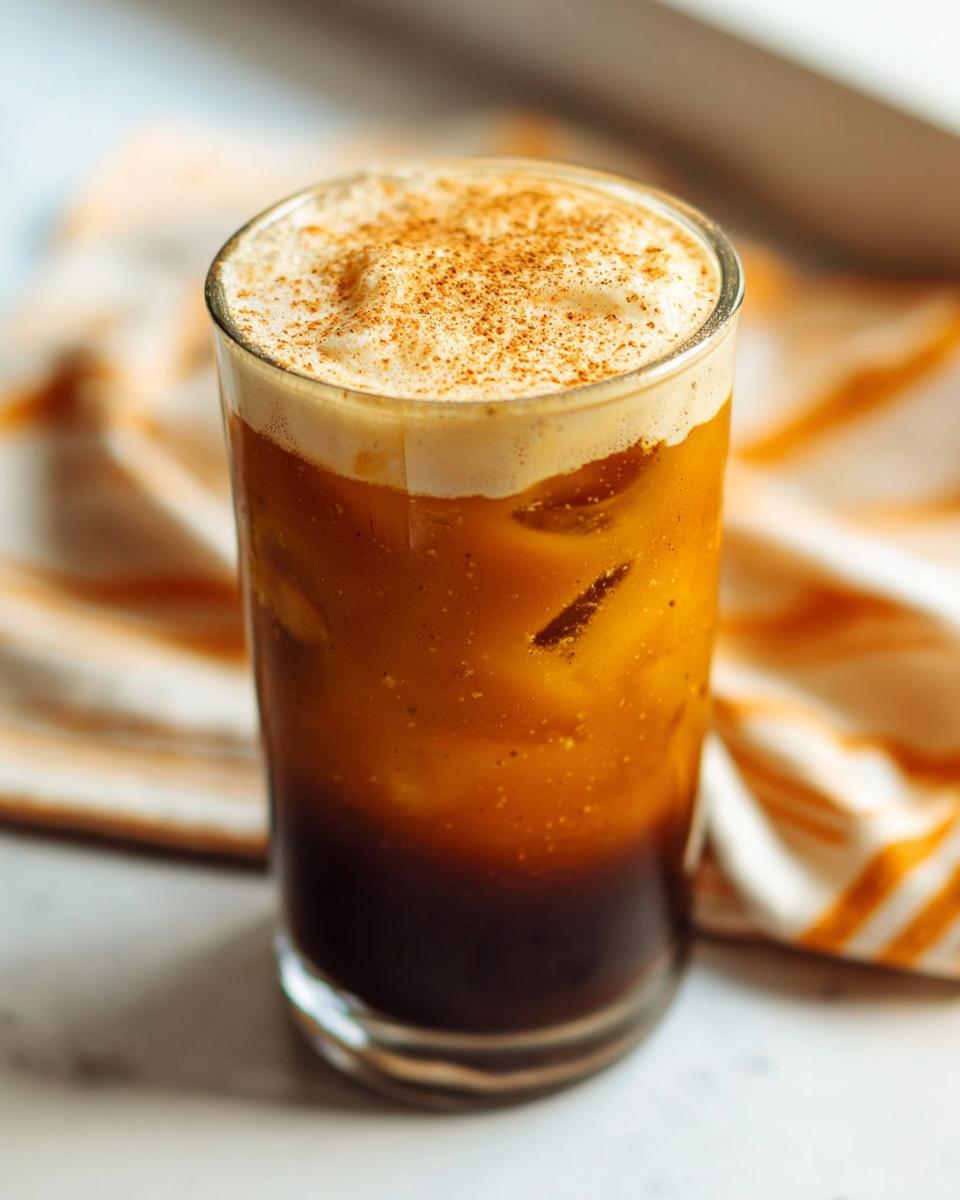 A tall glass filled with Pumpkin Cream Cold Brew (Copycat), showing layers of dark coffee, pumpkin liquid, and a creamy topping dusted with spice.
