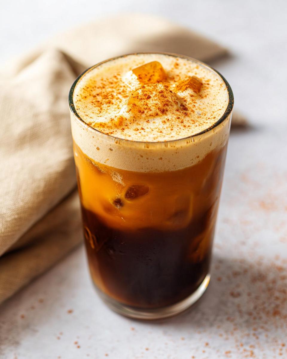 A tall glass of Pumpkin Cream Cold Brew showing distinct layers of dark coffee and orange-colored cream, topped with ice and cinnamon.