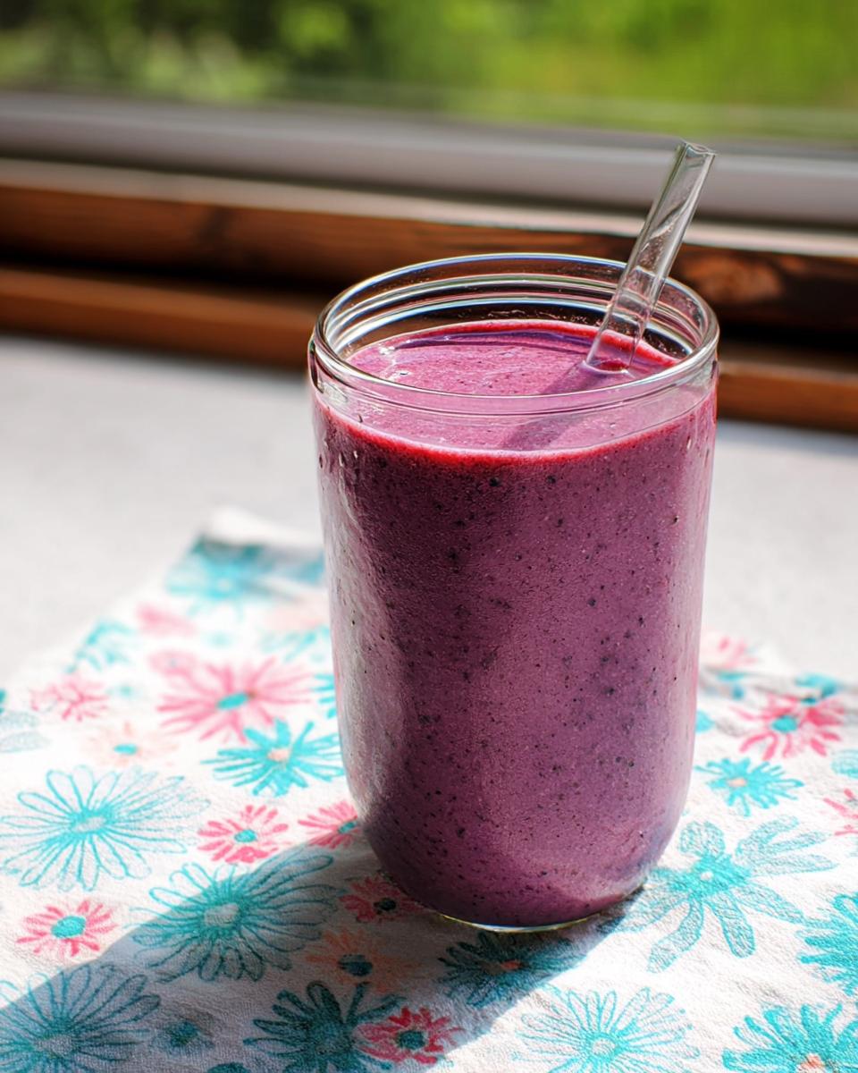 A tall glass filled with a thick, purple smoothie, featuring a glass straw, sitting on a floral napkin near a window.