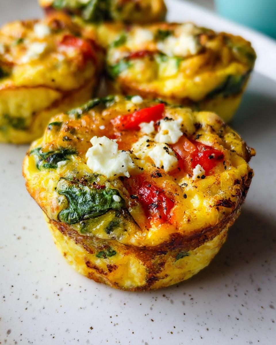 Close-up of a freshly baked Breakfast Meal Prep Egg Cup topped with feta cheese, red pepper, and spinach.