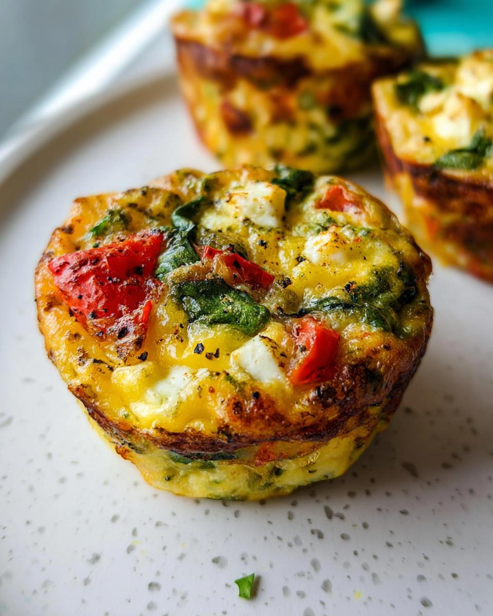 Close-up of one baked Breakfast Meal Prep Egg Cups, filled with eggs, spinach, red peppers, and feta cheese.