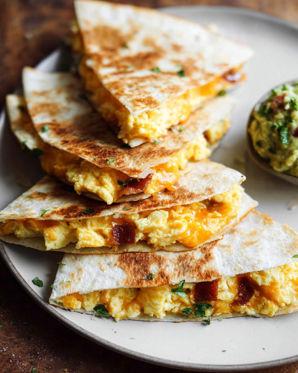 A stack of golden-brown Breakfast Quesadillas filled with fluffy scrambled eggs, melted cheddar cheese, and bacon pieces.