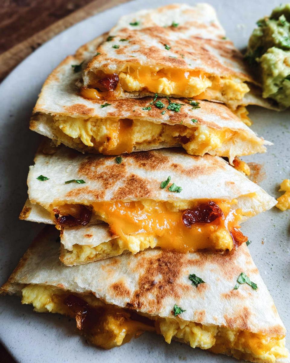 Four stacked wedges of quick Breakfast Quesadillas filled with scrambled eggs and gooey melted cheddar cheese.