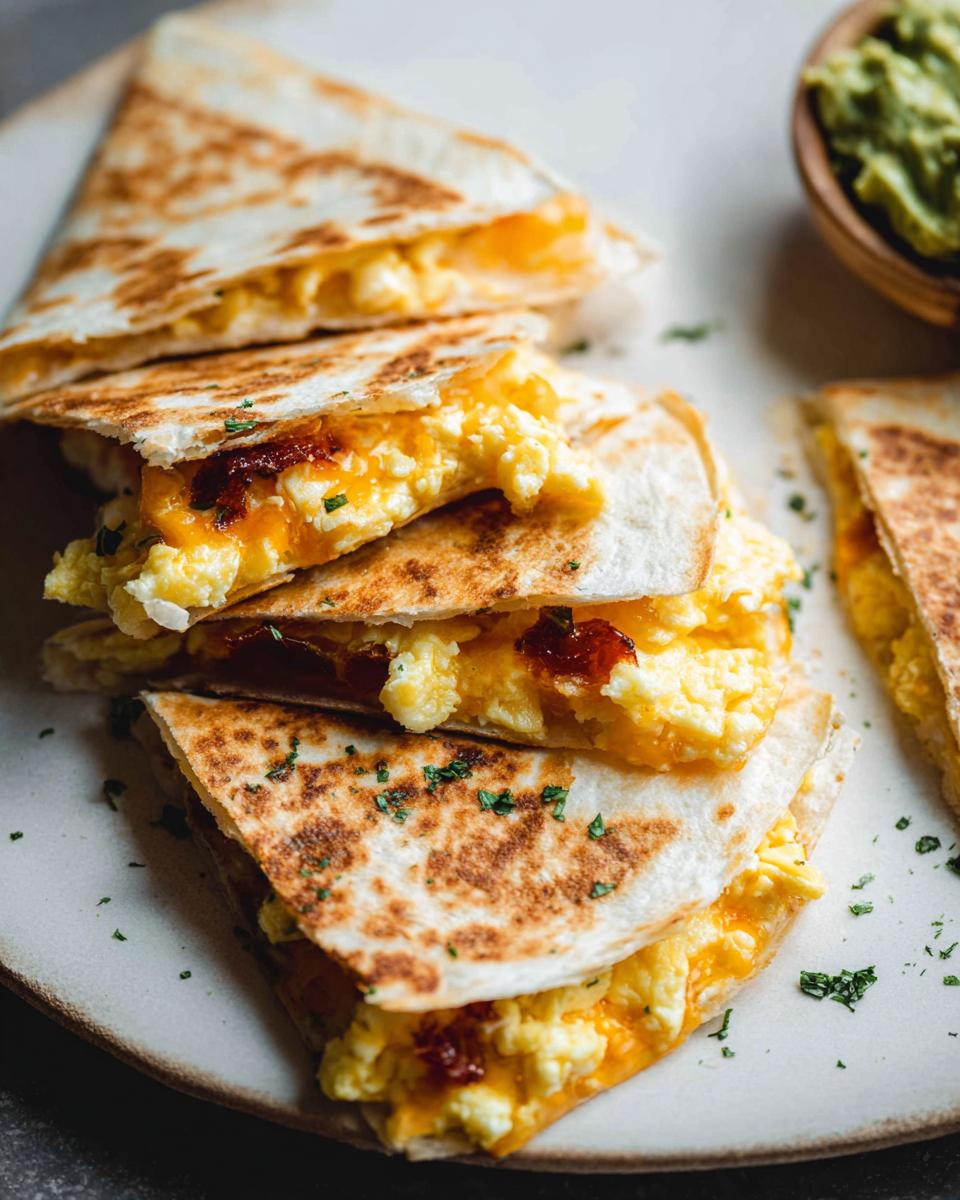 Close-up of stacked, golden-brown Breakfast Quesadillas filled with cheesy scrambled eggs and bacon bits.