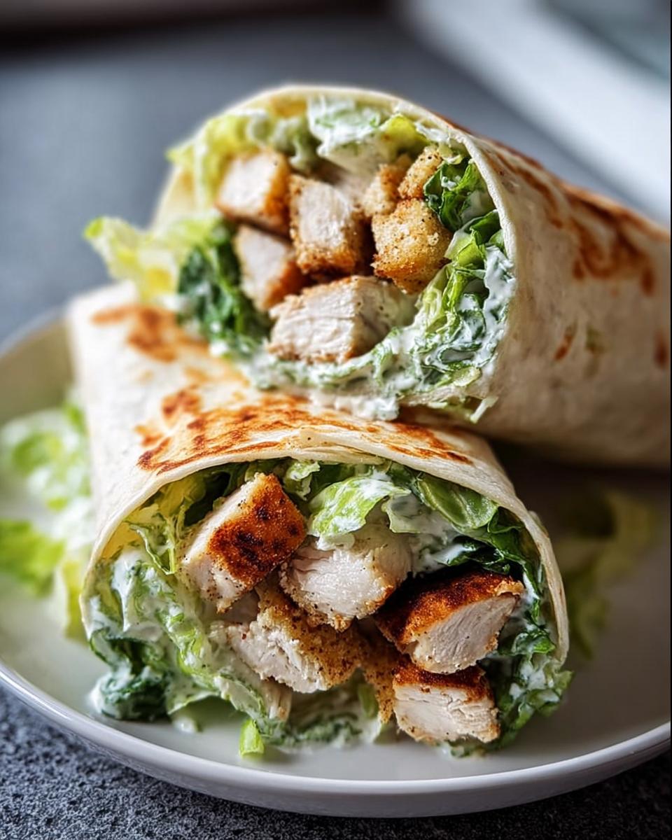 Two halves of a Chicken Caesar Wrap stacked, showing seasoned chicken, romaine lettuce, and creamy dressing inside a toasted tortilla.