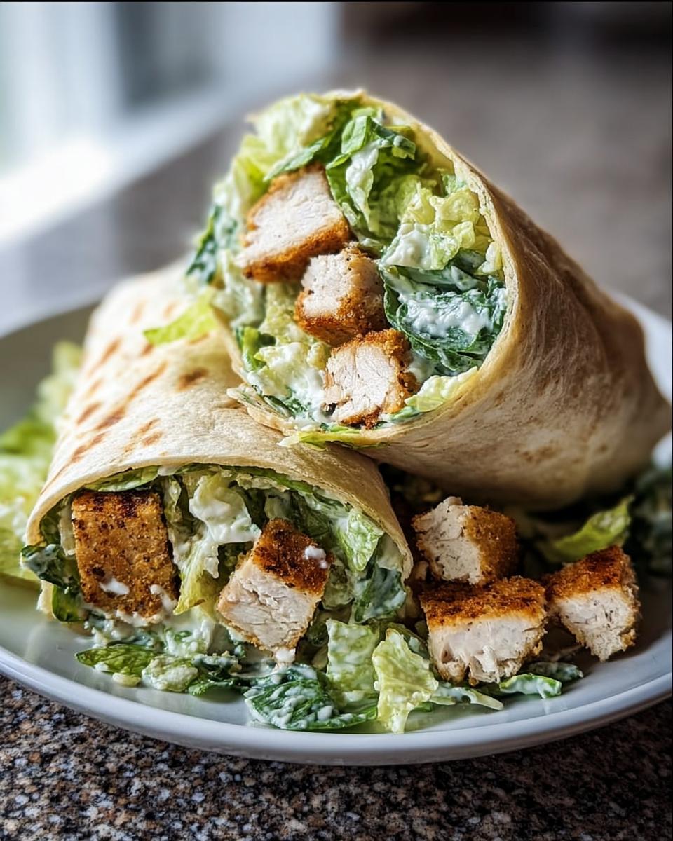 Two halves of a delicious Chicken Caesar Wraps (15 Minutes) filled with crispy chicken and creamy romaine lettuce.