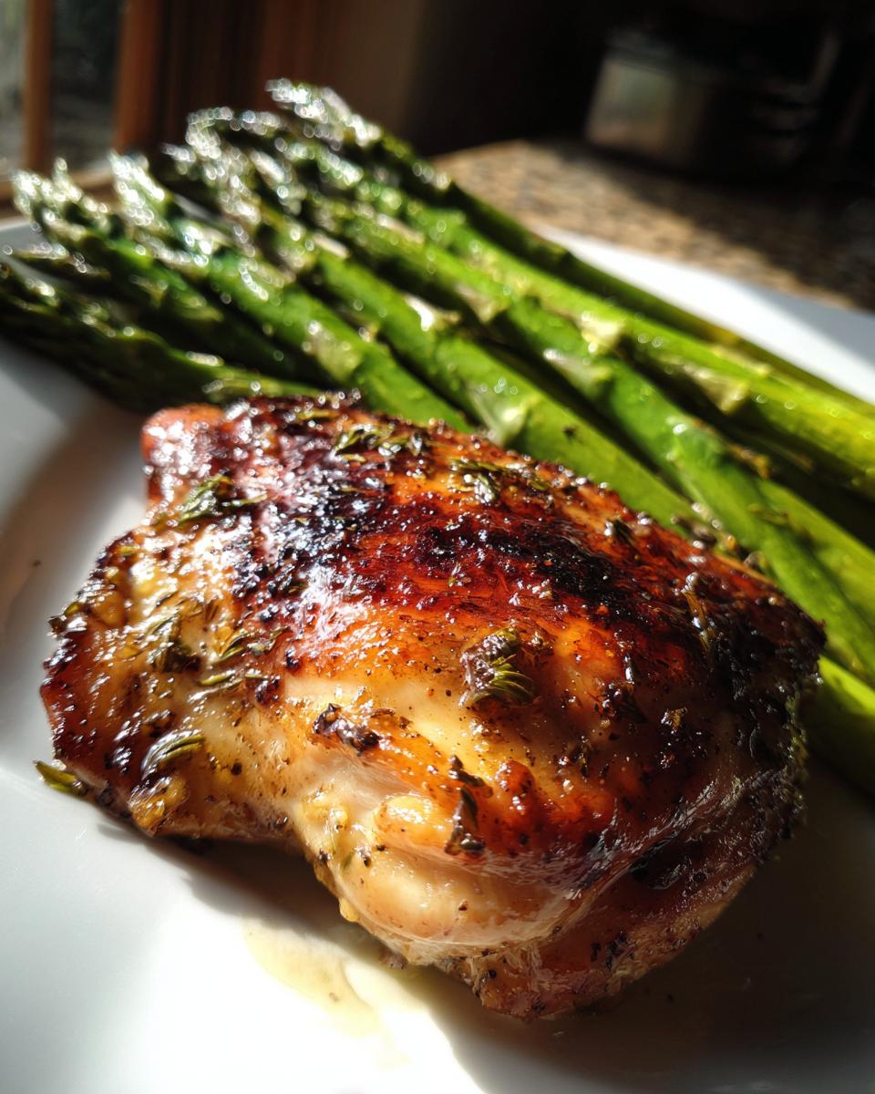 A beautifully seared piece of chicken breast served with bright green asparagus, perfect for Quick Dinner Ideas.