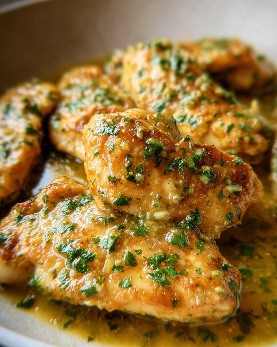 Close-up of pan-seared chicken breasts smothered in rich, glossy Garlic Butter Chicken sauce with minced garlic and fresh parsley.