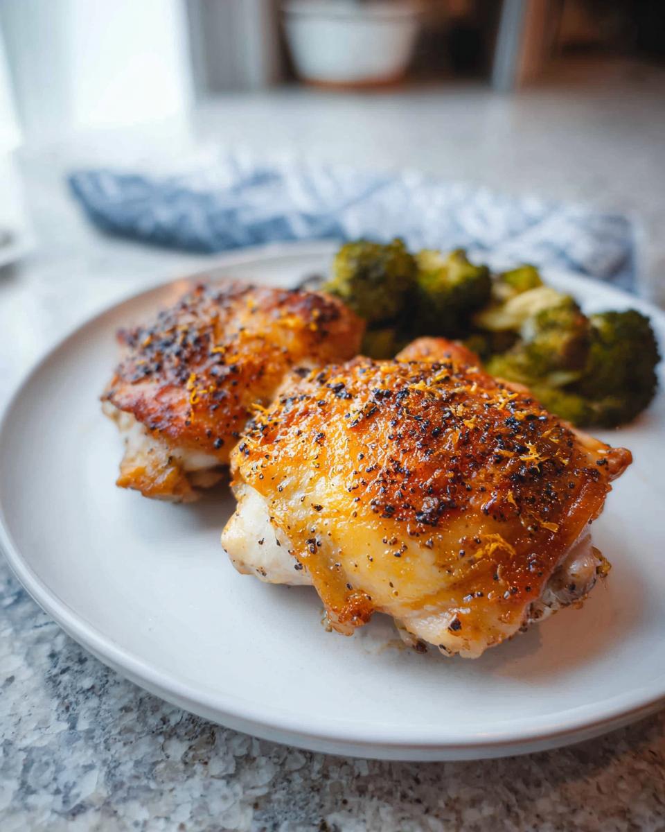 Two perfectly cooked Lemon Pepper Chicken Thighs seasoned with black pepper and lemon zest, served with roasted broccoli.