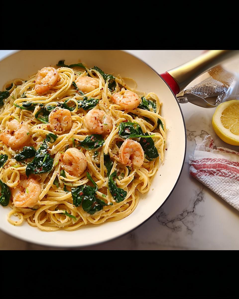 A skillet of creamy shrimp and spinach linguine, perfect for 30-Minute Dinner Ideas.