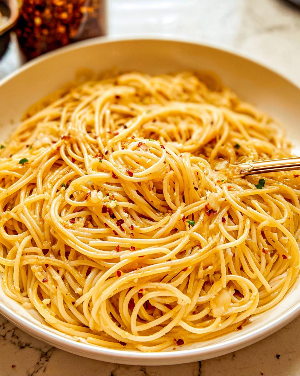 A close-up shot of a bowl filled with perfectly coated Spaghetti Aglio e Olio, garnished with garlic and red pepper flakes.